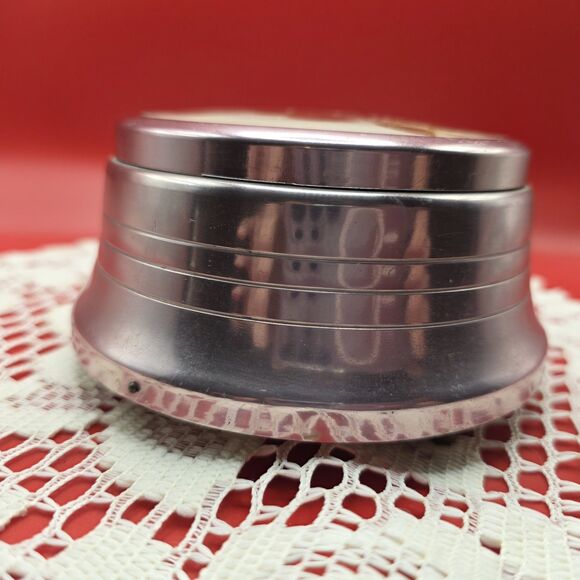 Vintage Powder Music Box Pink Tinted Aluminum Plays Blue Danube WORKS - Picture 2 of 6